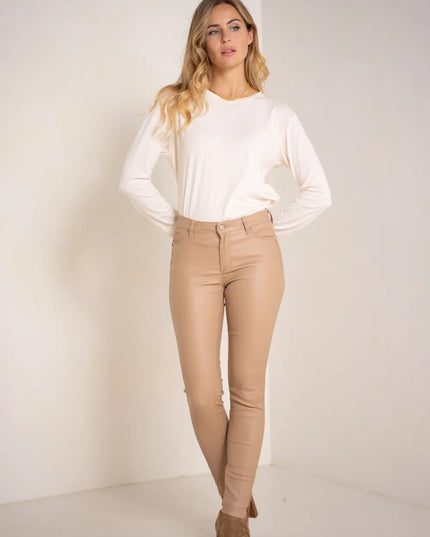 Women's Beige Coated Slim Push-Up Trousers