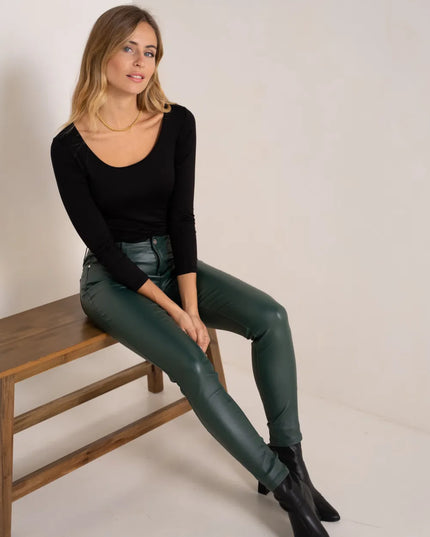 Women's Green Coated Slim Push-Up Trousers