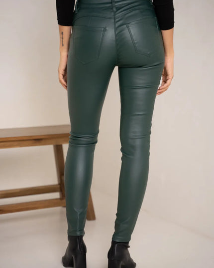 Women's Green Coated Slim Push-Up Trousers