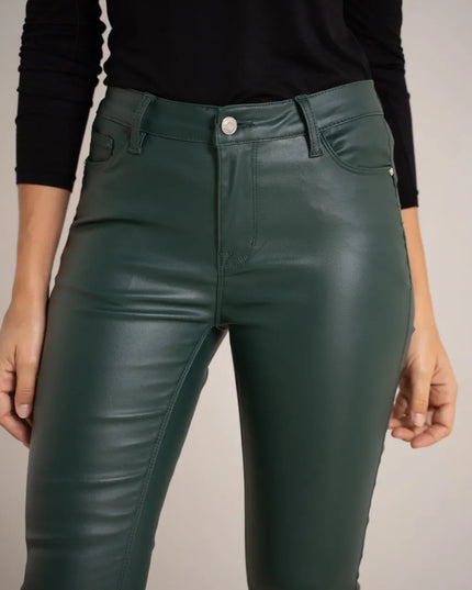 Women's Green Coated Slim Push-Up Trousers