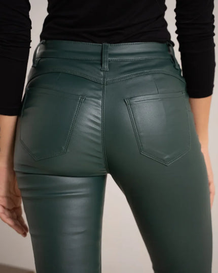 Women's Green Coated Slim Push-Up Trousers