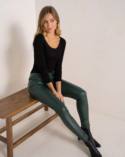 Women's Green Coated Slim Push-Up Trousers