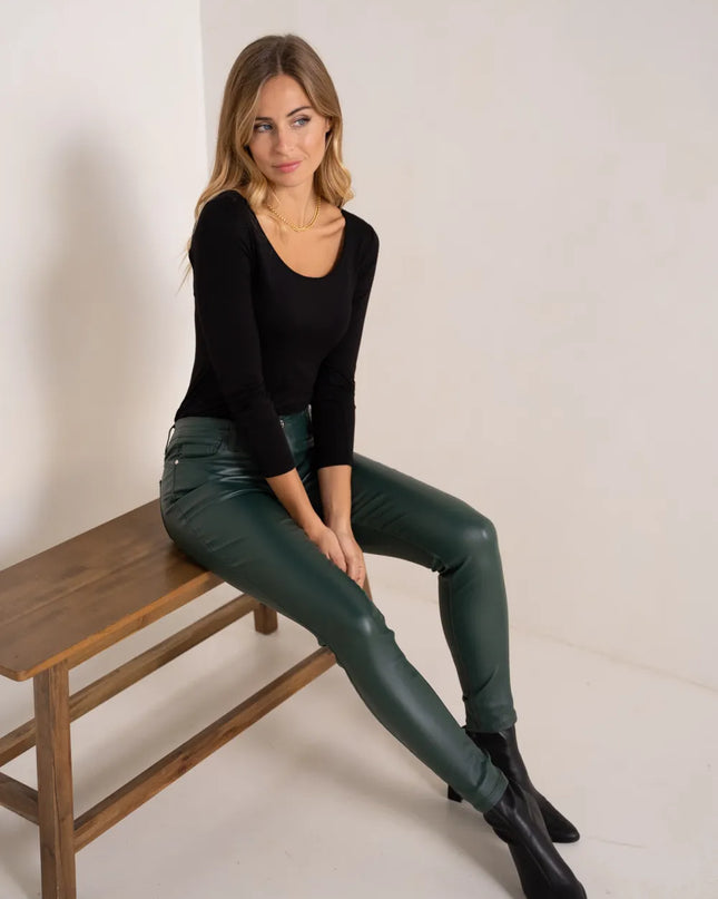 Women's Green Coated Slim Push-Up Trousers