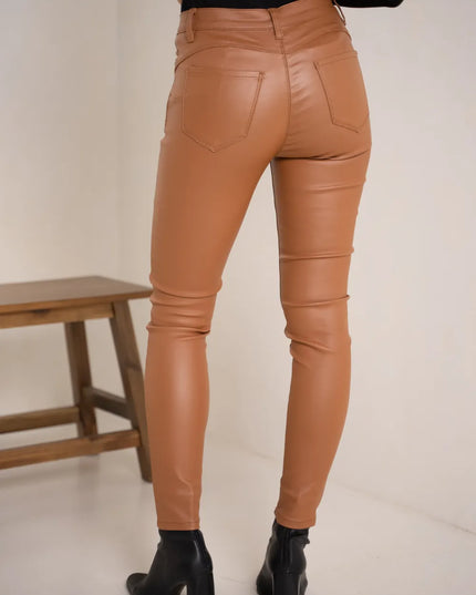 Women's Tan Coated Slim Push-Up Trousers