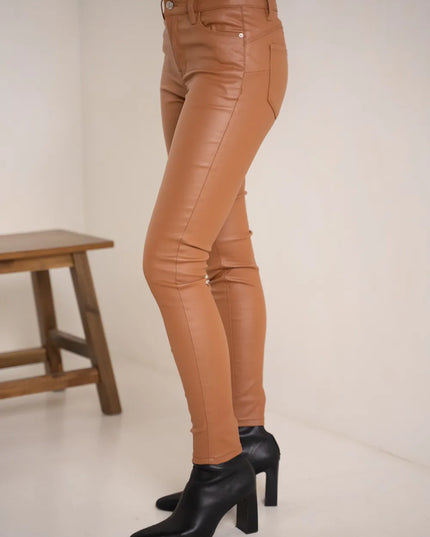 Women's Tan Coated Slim Push-Up Trousers