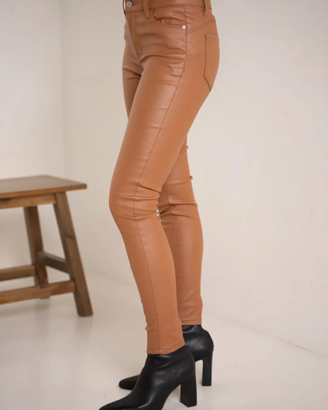 Women's Tan Coated Slim Push-Up Trousers