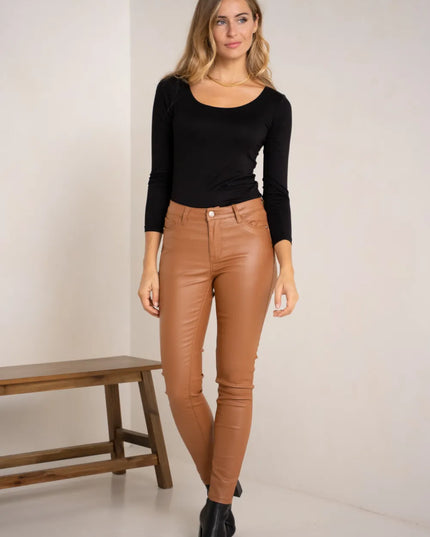 Women's Tan Coated Slim Push-Up Trousers