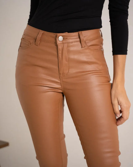 Women's Tan Coated Slim Push-Up Trousers