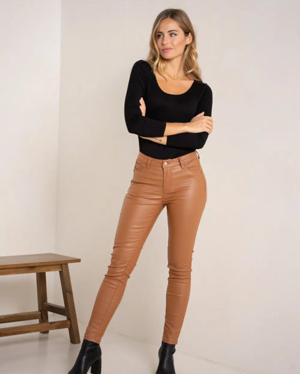 Women's Tan Coated Slim Push-Up Trousers
