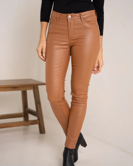 Women's Tan Coated Slim Push-Up Trousers