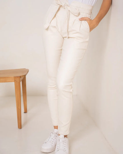 Women's Ecru Coated Paperbag Trousers