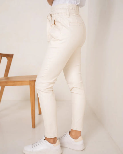 Women's Ecru Coated Paperbag Trousers