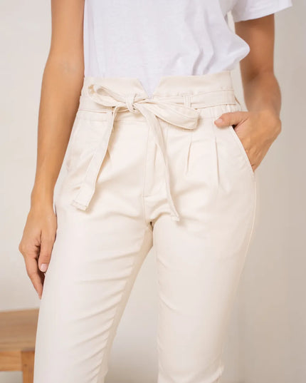 Women's Ecru Coated Paperbag Trousers