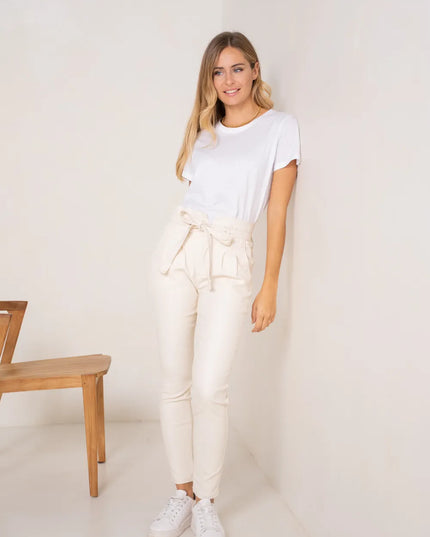 Women's Ecru Coated Paperbag Trousers