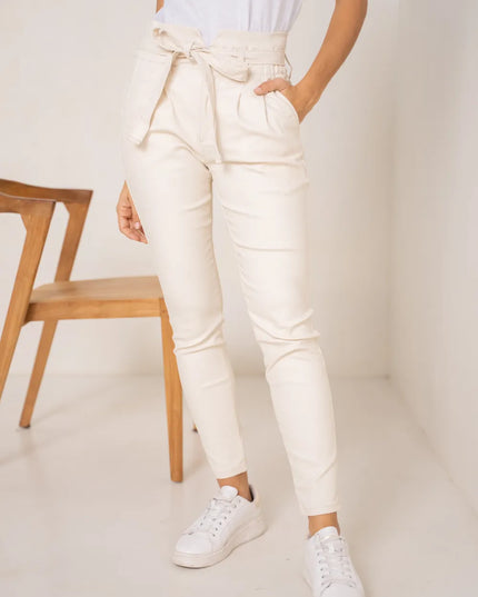 Women's Ecru Coated Paperbag Trousers