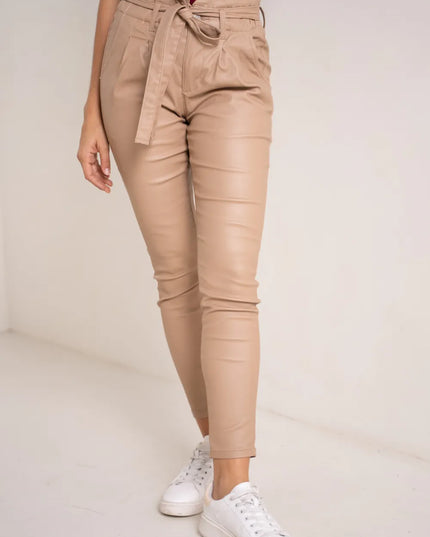 Women's Beige Coated Paperbag Trousers