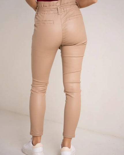 Women's Beige Coated Paperbag Trousers