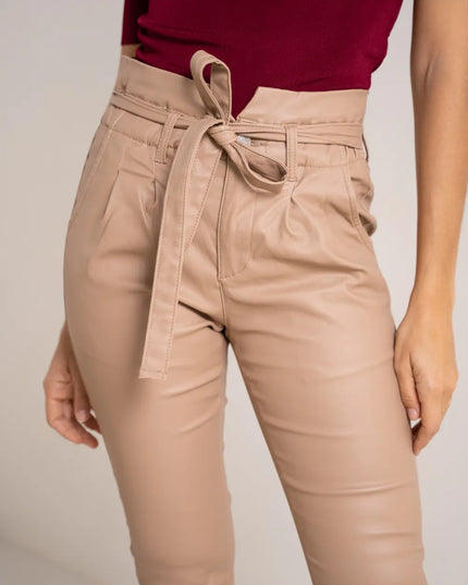 Women's Beige Coated Paperbag Trousers