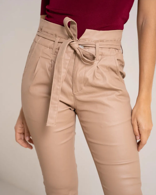 Women's Beige Coated Paperbag Trousers