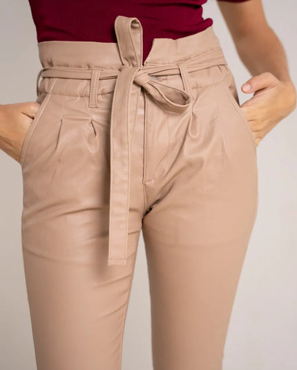 Women's Beige Coated Paperbag Trousers