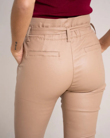 Women's Beige Coated Paperbag Trousers