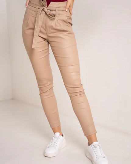 Women's Beige Coated Paperbag Trousers