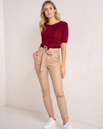 Women's Beige Coated Paperbag Trousers