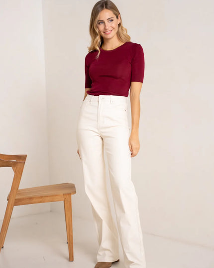 Women's Ecru Coated Wide-Leg Trousers