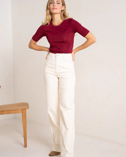 Women's Ecru Coated Wide-Leg Trousers