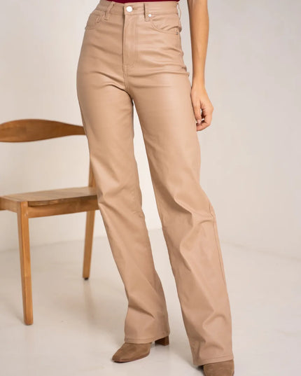 Women's Camel Coated Wide-Leg Trousers