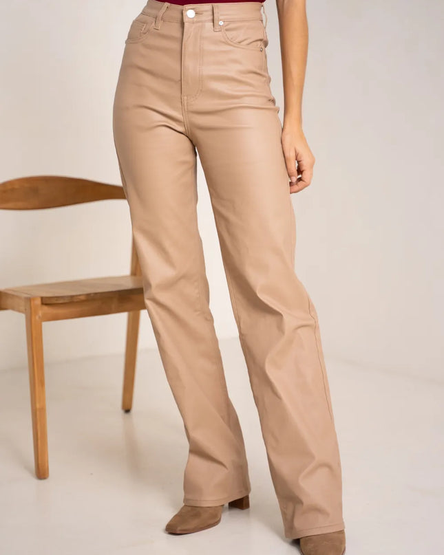 Women's Camel Coated Wide-Leg Trousers
