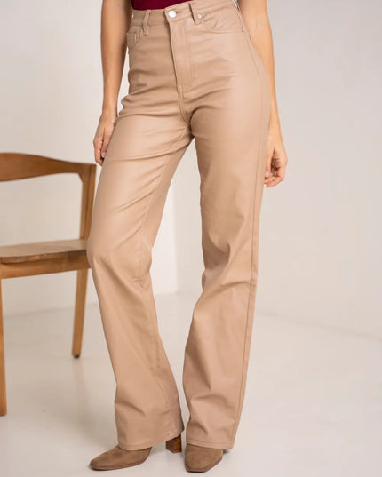 Women's Camel Coated Wide-Leg Trousers