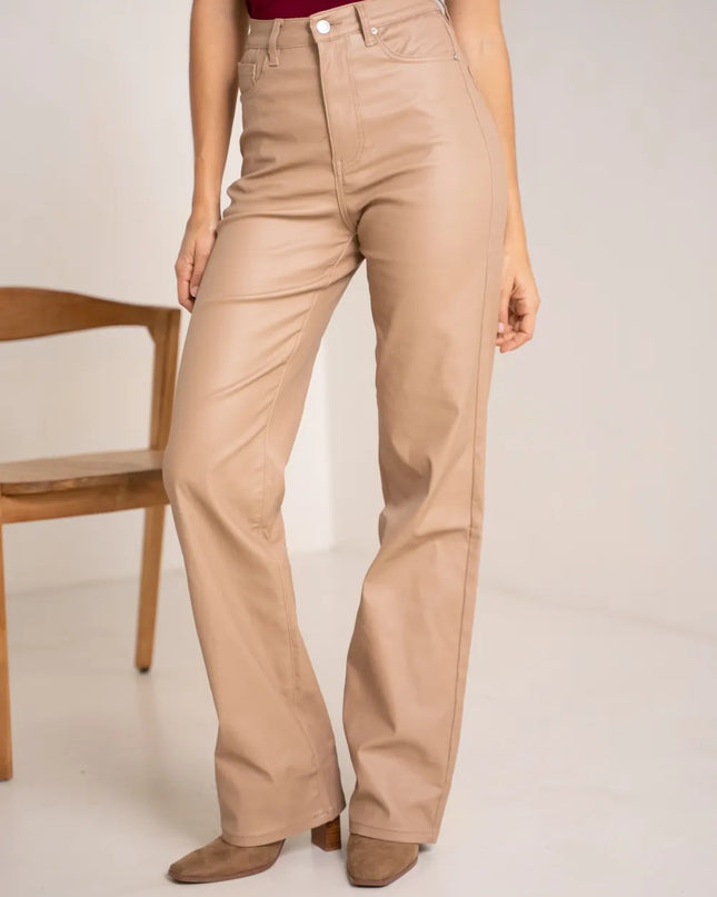 Women's Camel Coated Wide-Leg Trousers