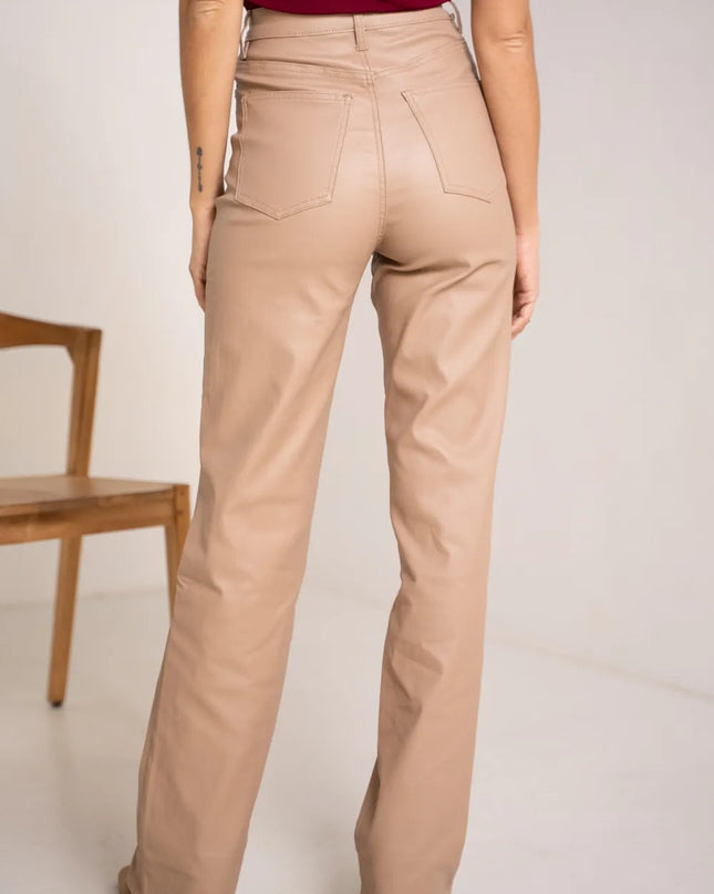 Women's Camel Coated Wide-Leg Trousers
