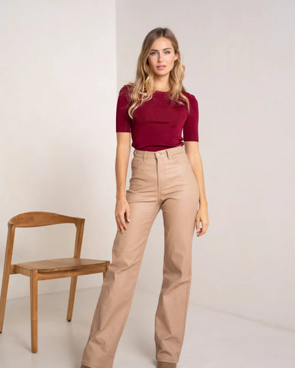 Women's Camel Coated Wide-Leg Trousers