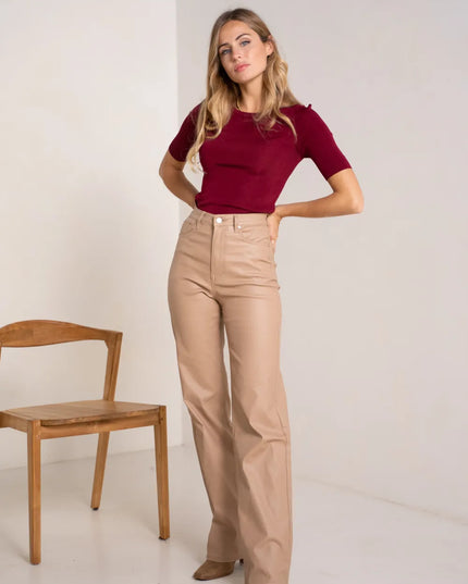 Women's Camel Coated Wide-Leg Trousers