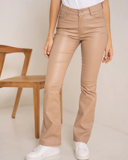 Women's Camel Coated Bootcut Trousers