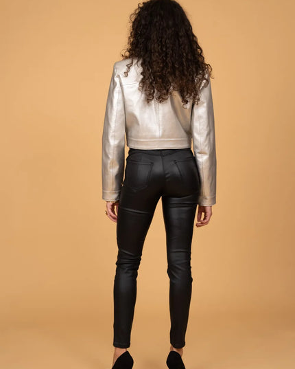 Women's Black Fleece-Lined Coated Slim Trousers