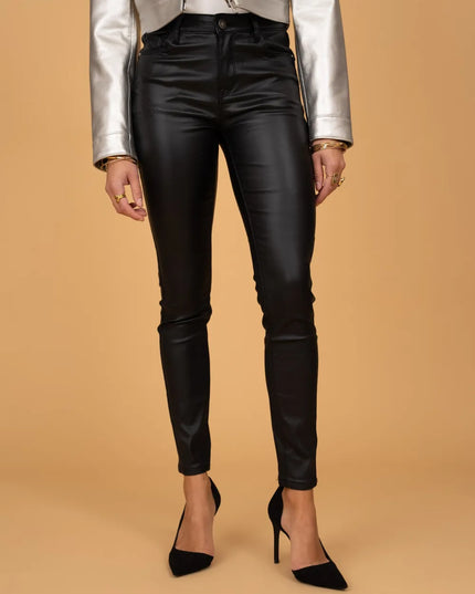 Women's Black Fleece-Lined Coated Slim Trousers