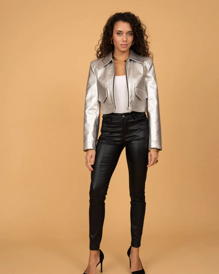 Women's Black Fleece-Lined Coated Slim Trousers