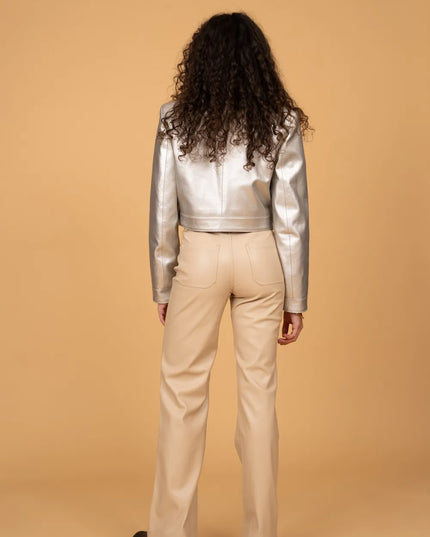 Women's Beige Faux Leather Wide-Leg Trousers