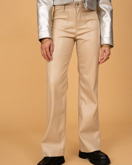 Women's Beige Faux Leather Wide-Leg Trousers