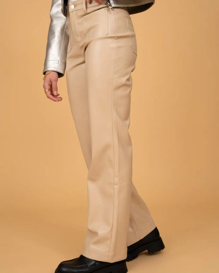 Women's Beige Faux Leather Wide-Leg Trousers