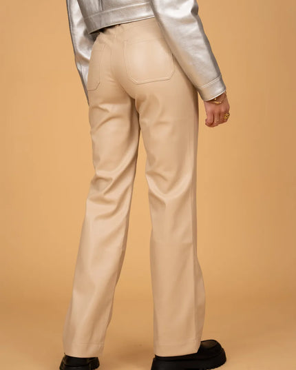 Women's Beige Faux Leather Wide-Leg Trousers
