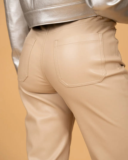 Women's Beige Faux Leather Wide-Leg Trousers