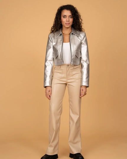 Women's Beige Faux Leather Wide-Leg Trousers
