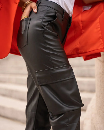 Women's Black Faux Leather Cargo Trousers