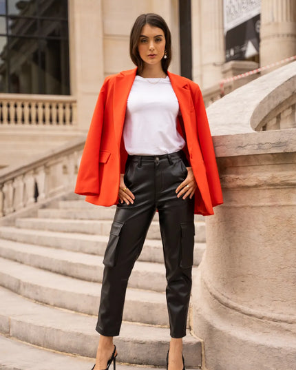 Women's Black Faux Leather Cargo Trousers