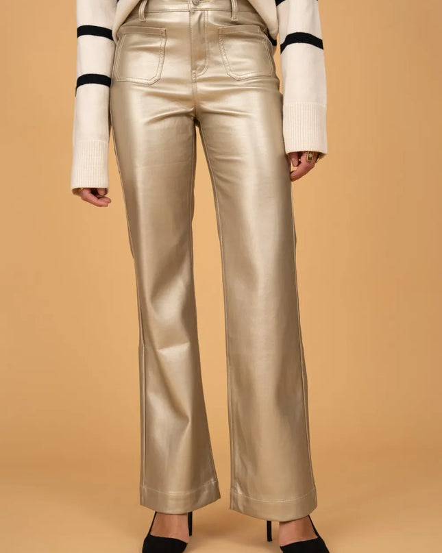 Women's Gold Faux Leather Wide-Leg Trousers