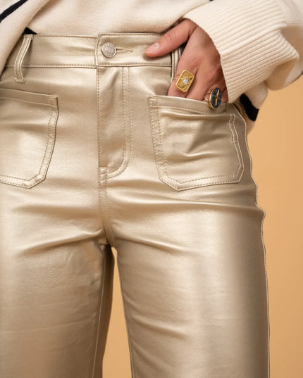 Women's Gold Faux Leather Wide-Leg Trousers